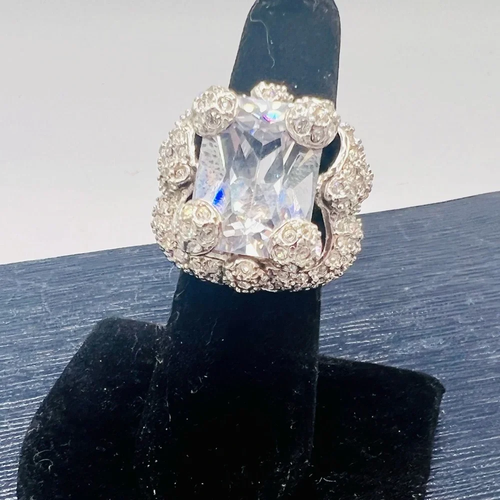 Huge chunky fake diamond cocktail ring paved rhinestones silver tone size 6